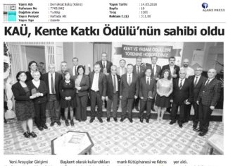 Alanında “OSCAR” Kabul Edilen 14. cü “KENT ve YAŞAM” ÖDÜLLERİ” Töreninde “KIBRIS AMERİKAN ÜNİVERSİTESİ”‘ ne Bulunduğu “Kent”e ( LEFKOŞA ) en büyük katkıyı sağlayan kurum olduğu gerekçesi ile “KENTE KATKI ÖDÜLÜ” verildi.