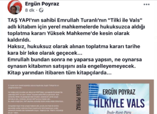 KKTC Ercan Havaalanı işletme hakkının Özelleştirmesini devralarak Özelleştirme Şartlarına aykırı davranarak KKTC Ekonomisine sürekli zarar veren TAŞYAPI Firmasının sahibi Emrullah Turanlı hakkında yazılan ve Turanlı tarafından satışı yasaklattırılan TİLKİYLE VALS isimli kitabın satışı Yüksek Mahkeme kararıyla serbest bırakıldı.